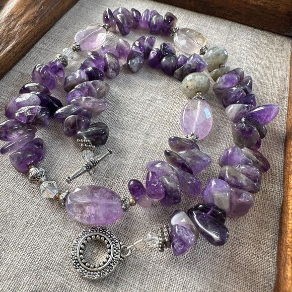Amethyst Labradorite Beaded Sterling Silver Necklace 19" Toggle Clasp Purple VTG - Picture 2 of 16